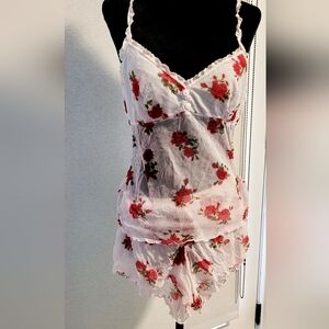 Romantic Floral Pink Mesh Lace Women Top Short Mini Bottoms, Vintage 90s Small